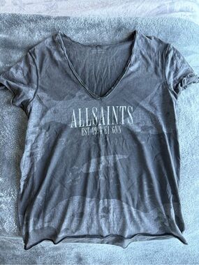 All Saints Women's Charcoal V-Neck Logo Tee